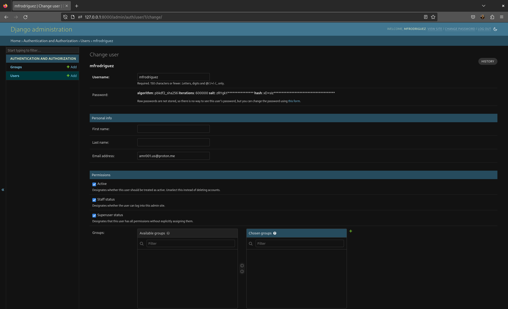 An image of a user detail page in the Django admin page.